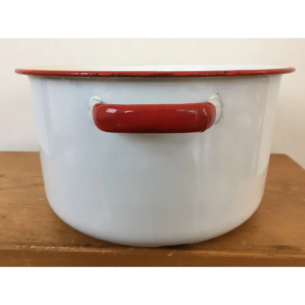 Vintage Antique White Red Enamelware Stock Soup Sauce Cooking Pot NO LID 9.5